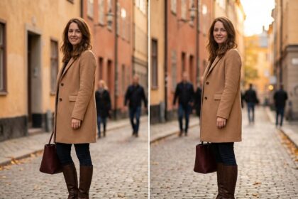 Femme en manteau camel, jean slim et bottes en cuir marron dans une rue pavée en automne, tenue hivernale féminine équilibrée