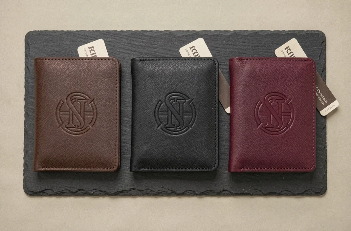 Trio de portefeuilles d'entreprise personnalisés en cuir posés sur ardoise, déclinés en trois coloris professionnels