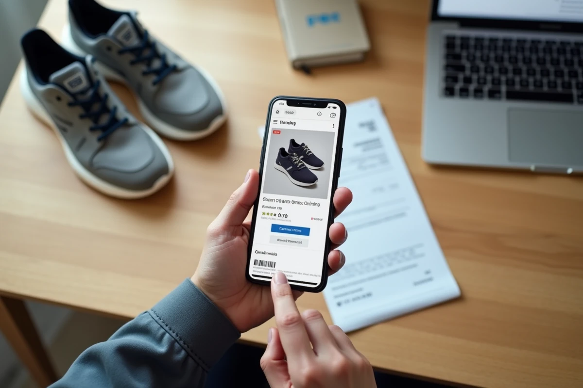 Recherche en ligne pour trouver les chaussures Sursell originales avec smartphone et ordinateur sur un bureau