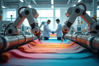 Intérieur d une usine textile futuriste avec robots et ingénieurs