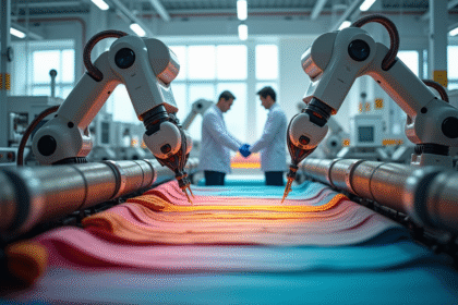 Intérieur d une usine textile futuriste avec robots et ingénieurs