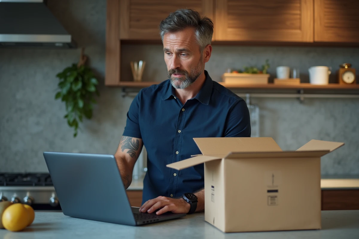 Homme vérifiant le suivi d'une commande de vêtements en ligne à côté d'un colis livré dans une cuisine