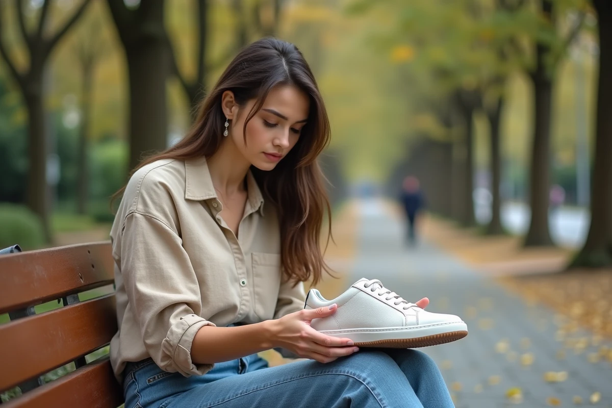 Femme examinant attentivement une chaussure Sursell pour vérifier son authenticité dans un parc urbain