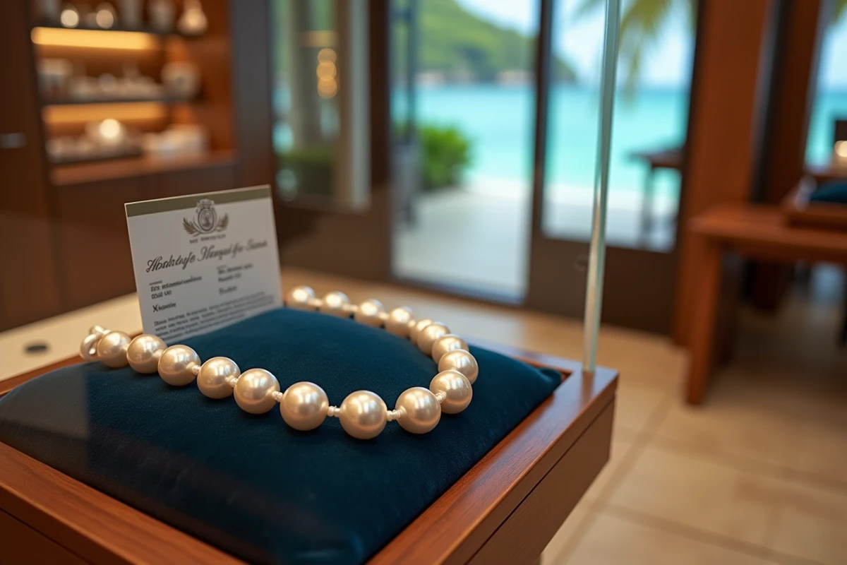 Vitrine de bijouterie en Polynésie française présentant un collier de perles de Tahiti certifiées avec carte d'authenticité officielle et vue sur lagon turquoise